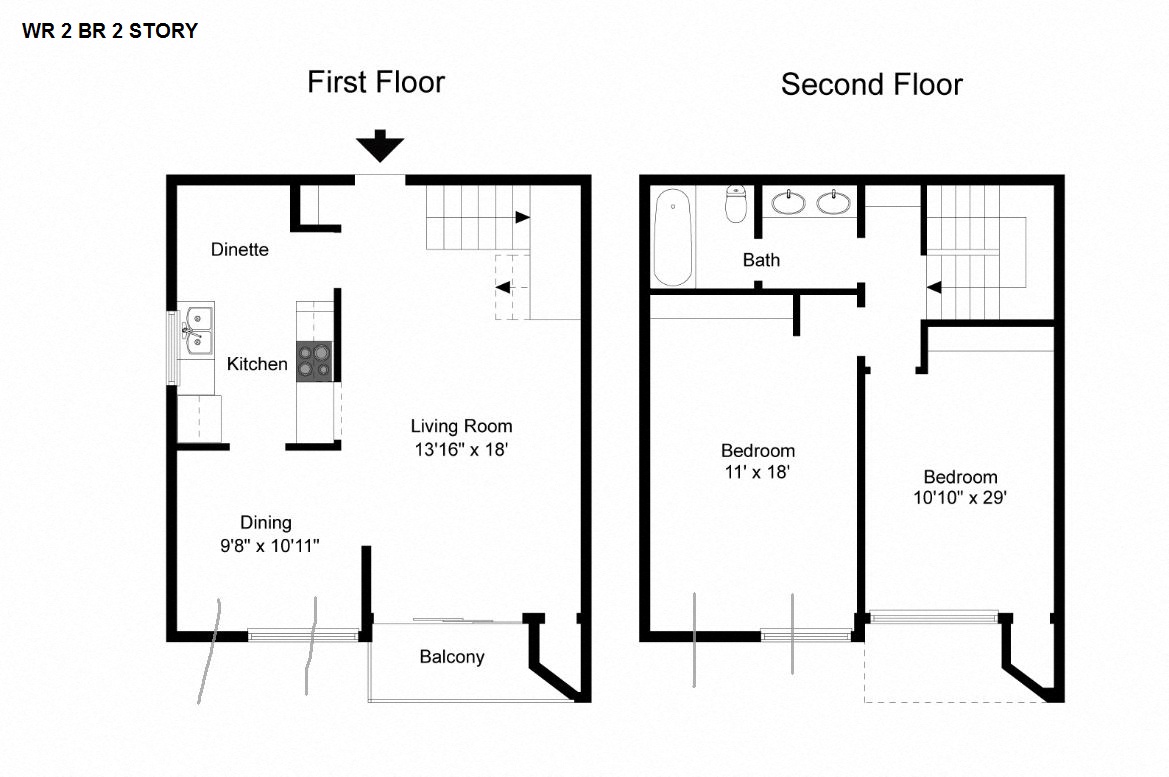 Floor plan for 2 beds, 1 bath, 1026 sqft